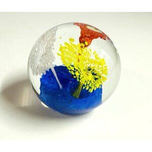 Vintage Art Glass Paperweight Lampwork Flowers Blue Base Hand Blown 2.5”